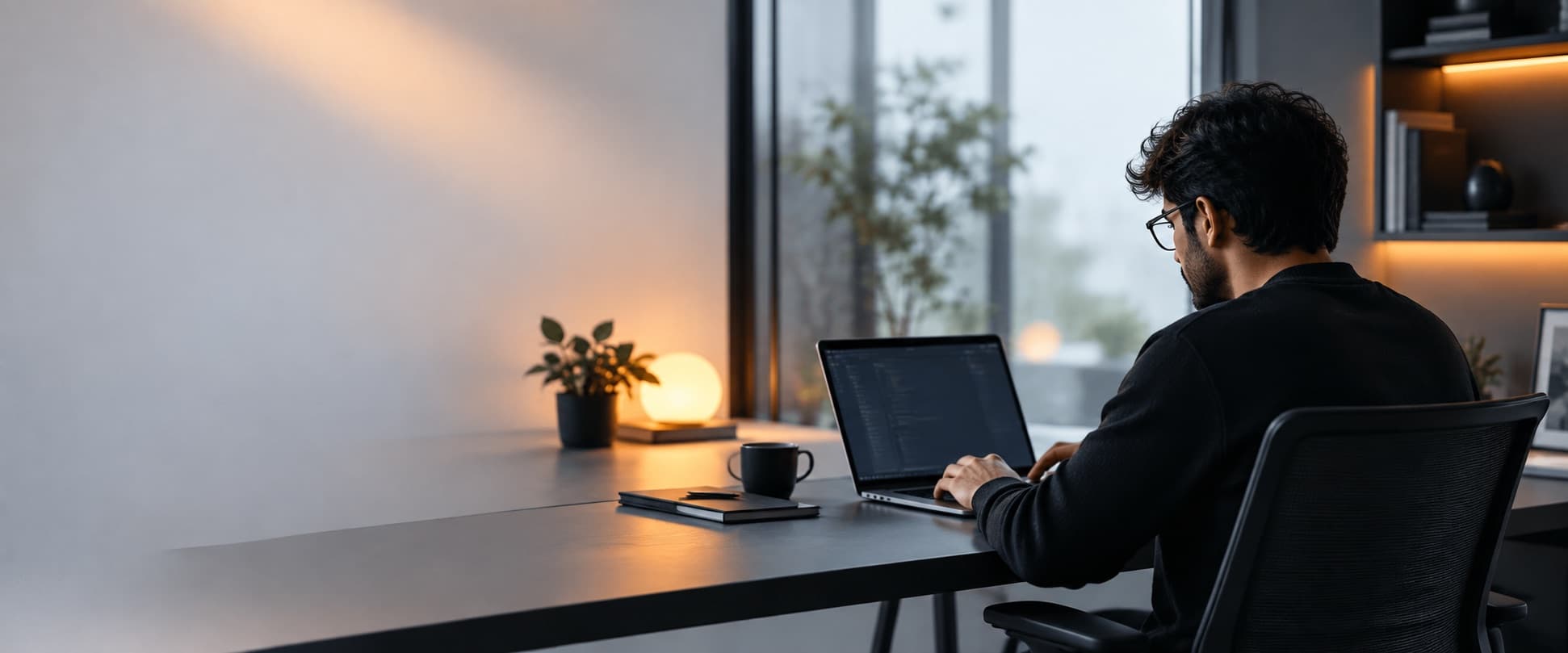 An engineer seen from behind at a dark desk, working on a laptop full of code, with a warm lamp and a window beyond.