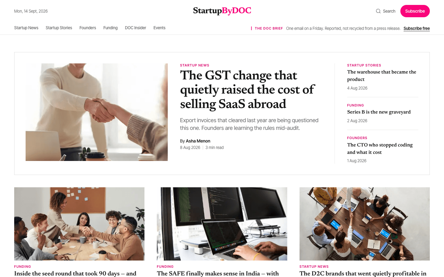 The StartupByDOC homepage: a newspaper-style layout with a large serif lead headline, a photograph, and a rail of secondary stories. Shown with demo content.
